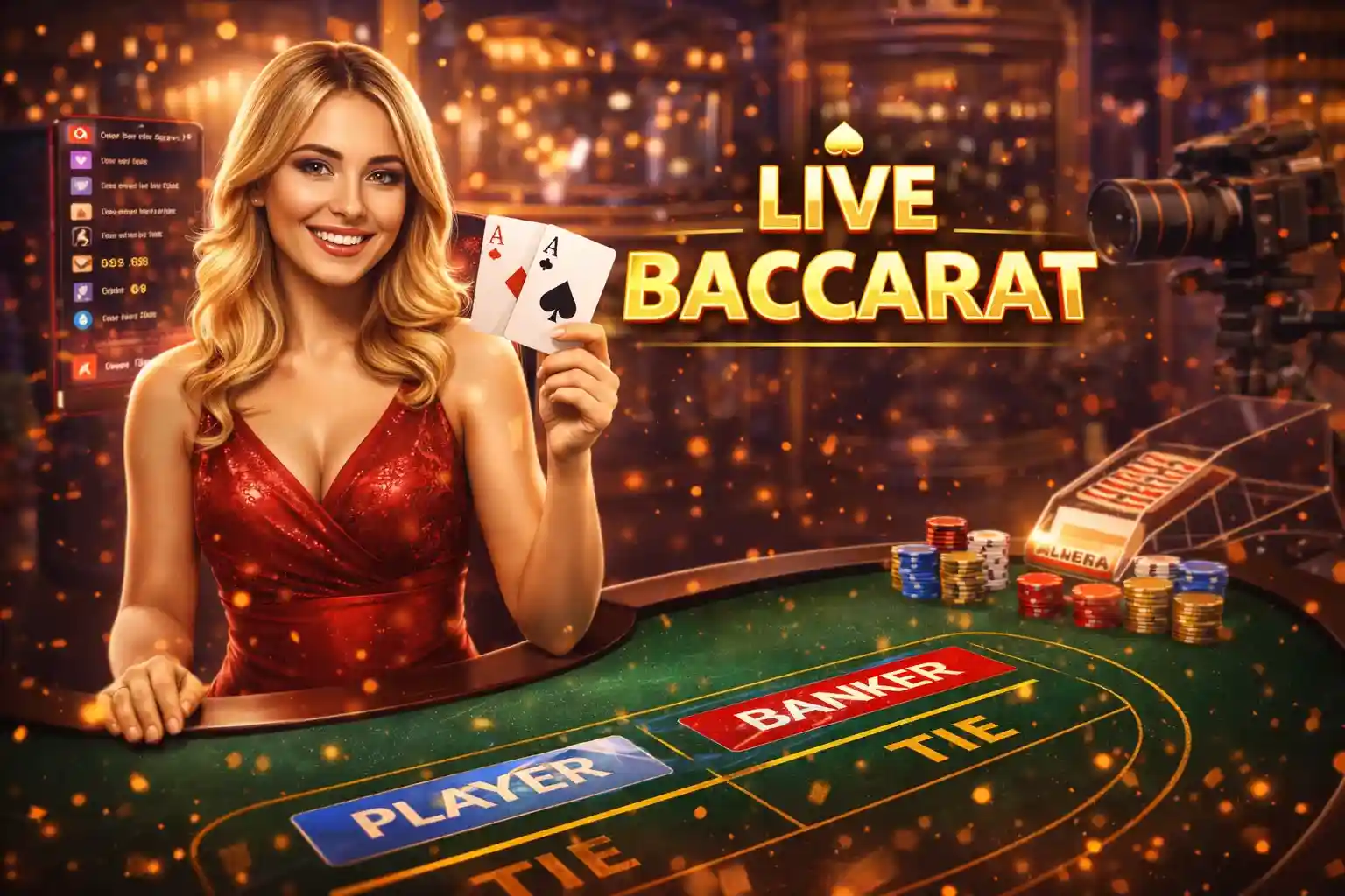 บาคาร่าสดดีลเลอร์สาว ห้องเล่นไพ่บาคาร่าออนไลน์ถ่ายทอดสดพร้อมดีลเลอร์สาวสวยในชุดราตรีสีแดง