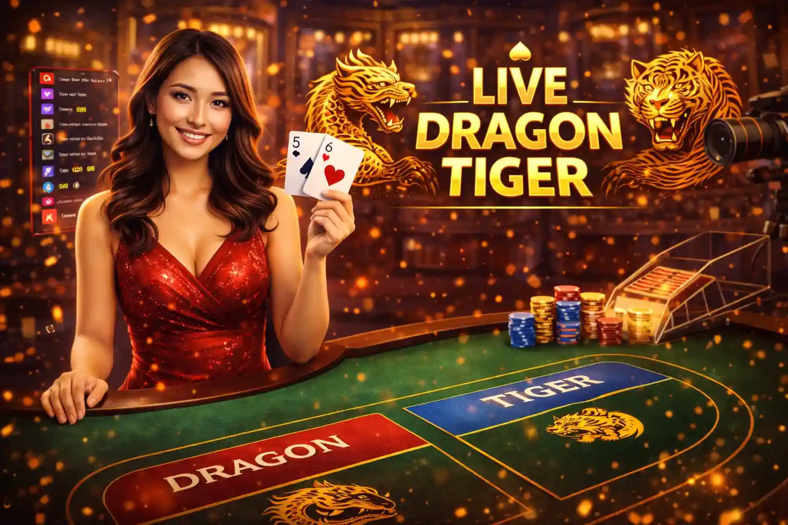 ไพ่เสือมังกรสด เกมไพ่เสือมังกรถ่ายทอดสดพร้อมกราฟิกเสือและมังกรทองคำบนโต๊ะเดิมพัน